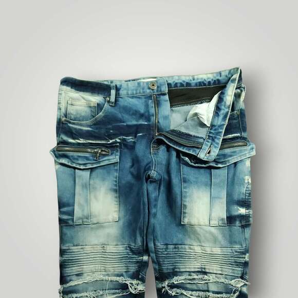 Smoke Rise Jeans Mens 38x34 Slim Straight Cargo Moto Ripped Acid Wash Distressed - Picture 8 of 9